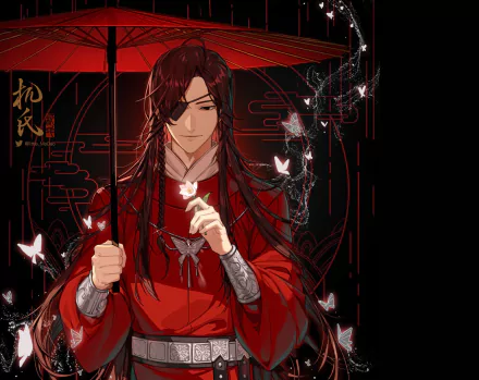 HD PC desktop wallpaper featuring an anime character from Tian Guan Ci Fu dressed in red, holding a red umbrella surrounded by glowing butterflies against a dark background.