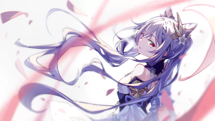 HD desktop wallpaper featuring Keqing from Genshin Impact. She has long, flowing purple hair, red eyes, and wears a dress. The background is dynamic, reflecting her video game persona.