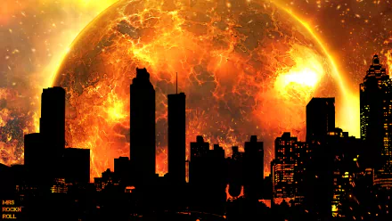 A sci-fi city skyline in silhouette against an immense fiery sun, with glowing orange flames casting an intense, otherworldly light – rendered in 8K Ultra HD.
