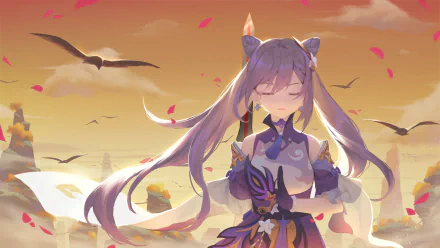 HD PC desktop wallpaper featuring Keqing from Genshin Impact with a serene sunset background and birds flying in the sky.