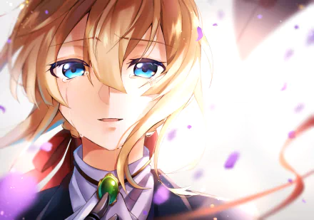 Close-up anime portrait of Violet Evergarden with blonde hair and bright blue eyes, soft lighting and drifting petals — HD PC desktop wallpaper background.