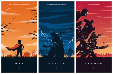 HD PC desktop wallpaper featuring stylized DC Comics Justice League characters—Diana Prince, Barry Allen, Cyborg, Aquaman, Batman, and Clark Kent—in dynamic Man, Savior, Leader panels.