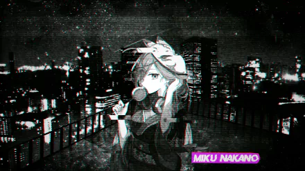 HD desktop wallpaper featuring Miku Nakano from the anime The Quintessential Quintuplets, standing on a city rooftop with a glitch-effect night skyline background.