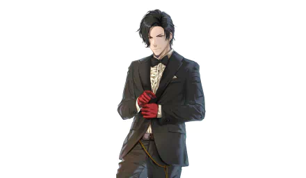 Male character from the video game Obey Me! Shall we date, in a black suit with red gloves — 4K Ultra HD PC desktop wallpaper and background.