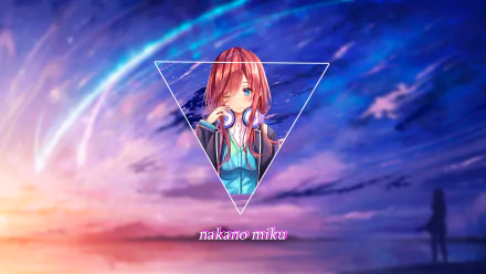 HD PC desktop wallpaper featuring Miku Nakano from the anime The Quintessential Quintuplets, with vibrant skies and a geometric triangle framing the character.