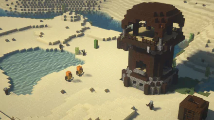 4K Ultra HD PC desktop wallpaper of the video game Minecraft: a blocky desert watchtower by a waterhole, cacti and roaming mobs under bright sun.