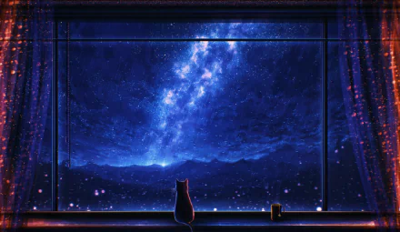 A serene anime scene depicts a cat gazing out a rain-soaked window at a starry night sky, capturing a peaceful moment in this HD desktop wallpaper.