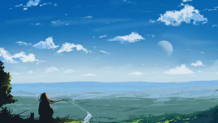 Anime-style HD desktop wallpaper featuring a cat sitting on a grassy hill overlooking a vast landscape under a bright, partly cloudy blue sky.