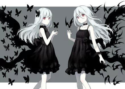 HD anime desktop wallpaper featuring two girls with long white hair, red eyes, and black dresses surrounded by black butterflies against a grey background.