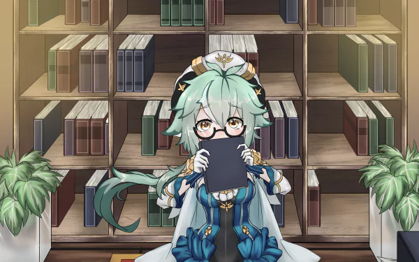 HD desktop wallpaper featuring Sucrose from Genshin Impact. Sucrose is sitting in a library, surrounded by bookshelves and holding an open book close to her face.