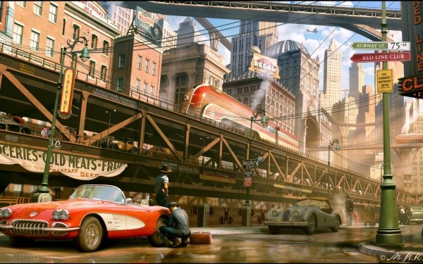 Sci Fi Dieselpunk Futuristic City Train Car HD Wallpaper | Background Image