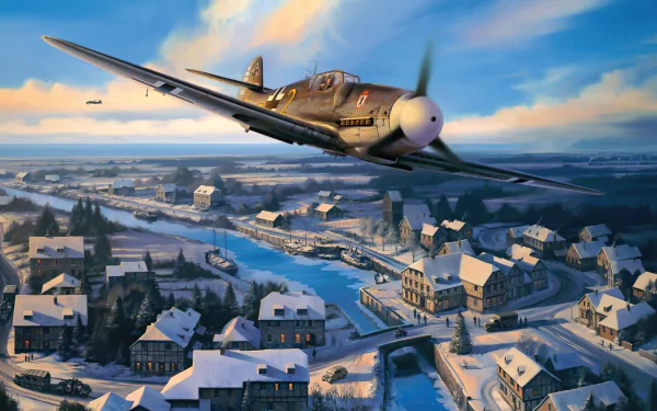 HD desktop wallpaper of a Messerschmitt Bf 109 military warplane flying over a snowy village at sunrise.