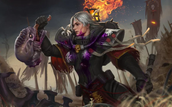 HD PC desktop wallpaper of a Sisters of Battle woman warrior from Warhammer 40k video game, armored and flanked by flames, banners and a ruined battlefield.