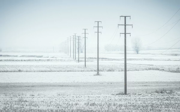 Winter fog blankets a field with man-made power lines stretching into the distance, creating a serene HD desktop wallpaper and background.