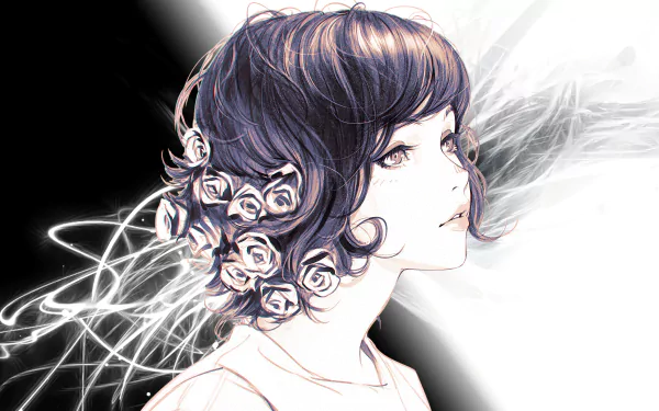 4K Ultra HD anime girl wallpaper featuring a detailed, monochrome portrait of a young woman with roses in her hair and abstract light effects in the background.