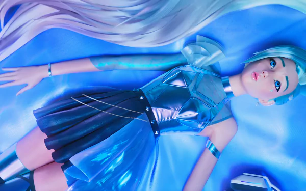 4K Ultra HD wallpaper featuring Seraphine from League of Legends' K/DA, with long blue hair, blue eyes, and a shimmering blue dress in a K-pop inspired style.
