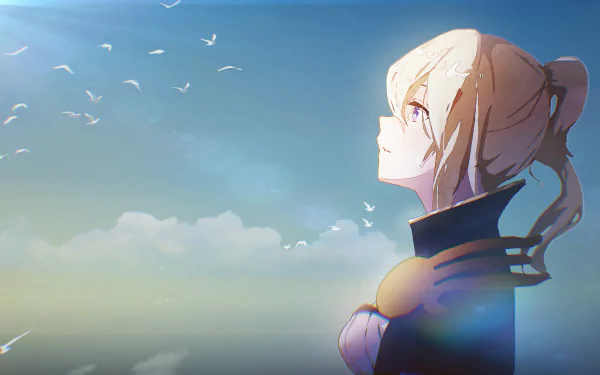 HD desktop wallpaper featuring Jean from Genshin Impact. Jean is gazing upwards in a serene, sky-blue background with birds flying in the distance.