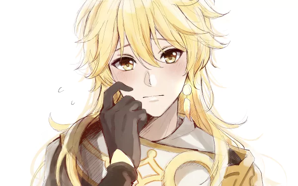 Aether from Genshin Impact video game portrait—golden-haired traveler smiling, detailed 4K Ultra HD PC desktop wallpaper background, warm tones and soft line art.
