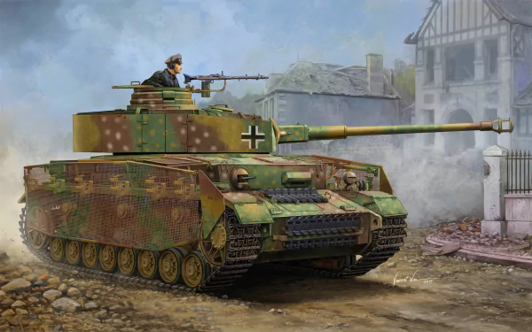 HD desktop wallpaper featuring a detailed Panzer IV military tank advancing through a war-torn village with a soldier manning the mounted machine gun.