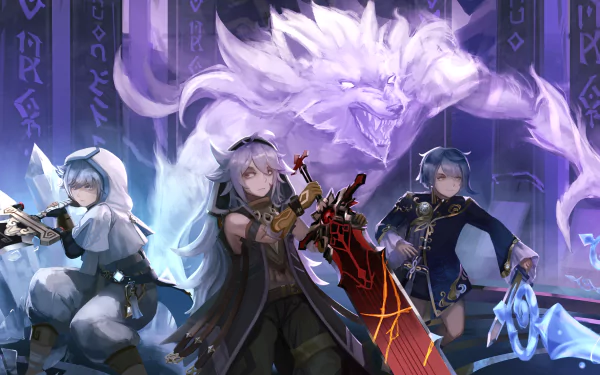 HD PC desktop wallpaper featuring Andrius, Chongyun, Xingqiu, and Razor from Genshin Impact with a mystical purple aura and spectral wolf in the background.
