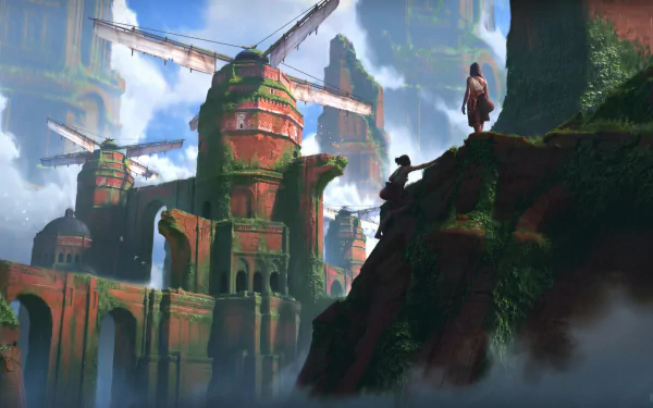 Fantasy landscape HD wallpaper featuring ancient windmill structures on verdant cliffs with figures contemplating the scenery.