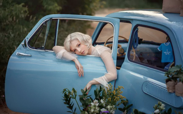 blonde flower car woman Alice Tarasenko HD Desktop Wallpaper | Background Image