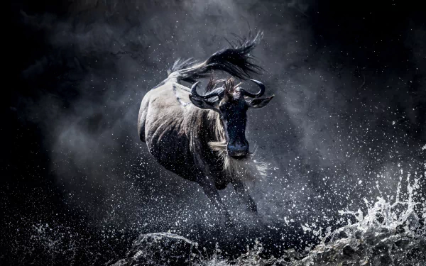  Wildebeest Kicking Up Water and Dust