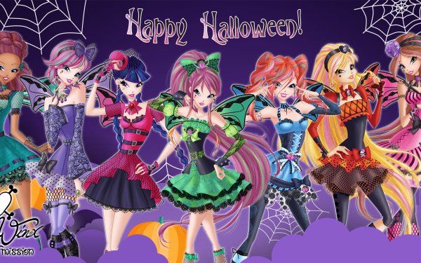 TV Show Winx Club Halloween Happy Halloween Bloom Roxy Stella Aisha Musa Tecna Flora Pumpkin Fairy Wings Two-Toned Hair HD Wallpaper | Background Image
