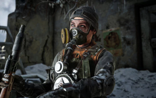 4K Ultra HD Metro Exodus video game wallpaper featuring a character in tactical gear and a gas mask, set against a dark, ruined environment.