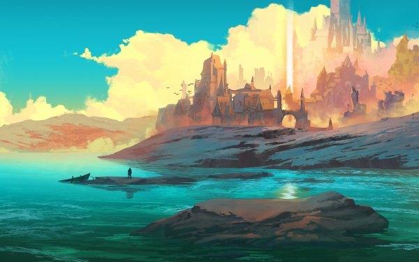 Fantasy Landscape Lake Castle City HD Wallpaper | Background Image