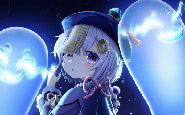 A captivating 4K Ultra HD wallpaper featuring Qiqi from Genshin Impact, showcasing her enchanting aura alongside glowing elements that enhance the magical atmosphere.
