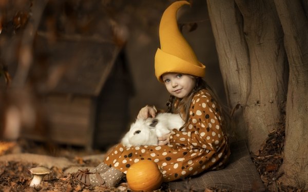Photography Child Rabbit Pumpkin Trunk Cap HD Wallpaper | Background Image