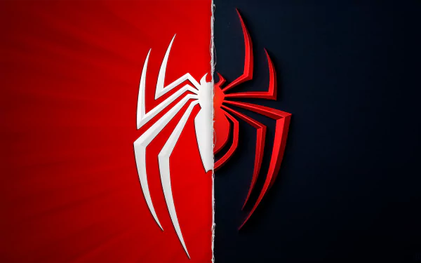 HD PC desktop wallpaper showing a split red and black background with a stylized white/red Spider-Man emblem from the video game Marvel's Spider-Man: Miles Morales.
