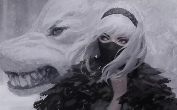 An HD desktop wallpaper featuring a fantasy winter scene of a masked woman with white hair standing against a backdrop of a fierce, growling wolf.