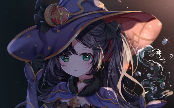A stunning HD wallpaper featuring Mona from Genshin Impact, showcasing her iconic wizard attire and captivating expression against a mystical backdrop.