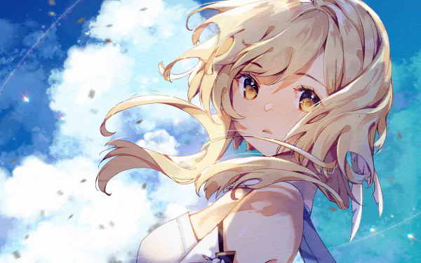 HD desktop wallpaper featuring Lumine from the video game Genshin Impact. She is gazing at the viewer with flowing blonde hair against a bright blue sky with scattered clouds.