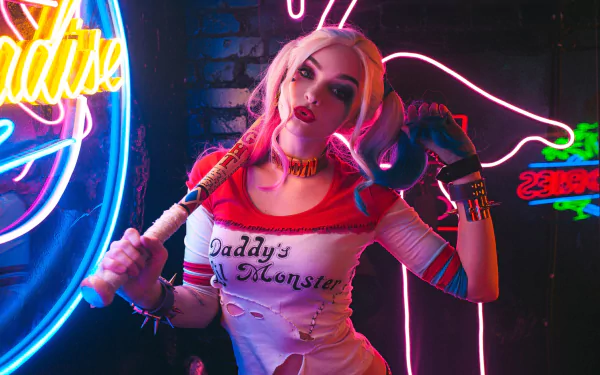 lipstick blonde model DC Comics Harley Quinn baseball bat woman cosplay HD Desktop Wallpaper | Background Image
