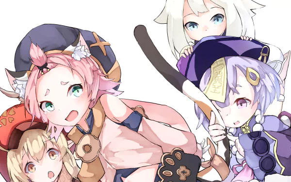 HD PC desktop wallpaper featuring Genshin Impact characters Diona, Paimon, Qiqi, and Klee in a vibrant video game-themed design.