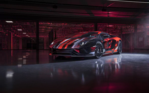 8K Ultra HD desktop wallpaper of a black and red Lamborghini Aventador S supercar parked in a glossy industrial garage, with dramatic lighting and reflective floor