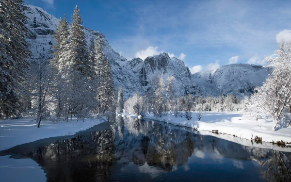 merced river Sierra Nevada California river reflection mountain snow winter nature Yosemite National Park Snowy Mountain HD Desktop Wallpaper | Background Image