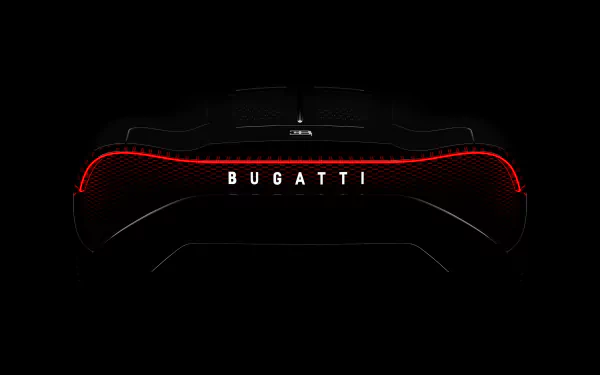 Sleek rear view of a Bugatti vehicle highlighted by glowing red taillights on a dark background, showcased as a 4K Ultra HD PC desktop wallpaper.