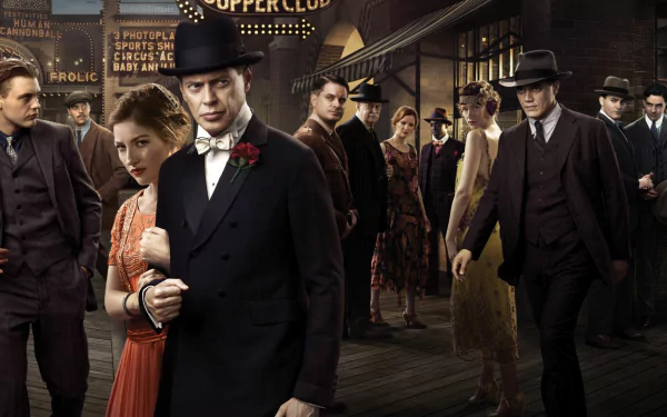 HD desktop wallpaper featuring a dramatic scene from the TV show Boardwalk Empire, with characters dressed in 1920s attire on a bustling boardwalk.