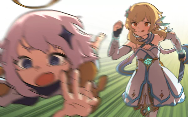 HD desktop wallpaper featuring Lumine and Paimon from the video game Genshin Impact. The background showcases their dynamic and playful interaction.