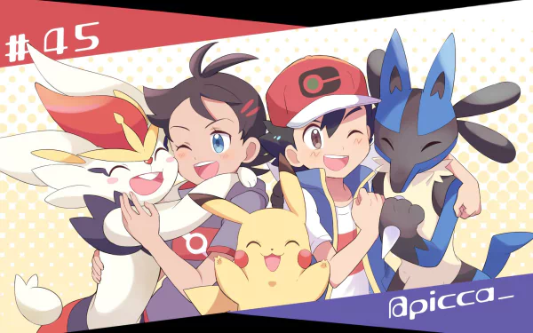 Anime-style HD wallpaper featuring Goh with two-toned hair hugging Cinderace, Ash Ketchum with a cap winking next to Pikachu, and Lucario with blue eyes smiling.