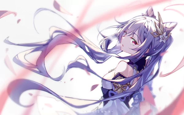 HD desktop wallpaper featuring Keqing from Genshin Impact. She has long, flowing purple hair, red eyes, and wears a dress. The background is dynamic, reflecting her video game persona.