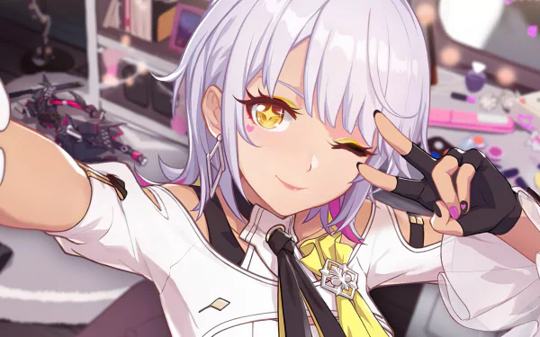 HD desktop wallpaper of Carol Pepper from Honkai Impact 3rd, striking a winking selfie pose with detailed makeup and vibrant golden eyes in a stylish outfit.