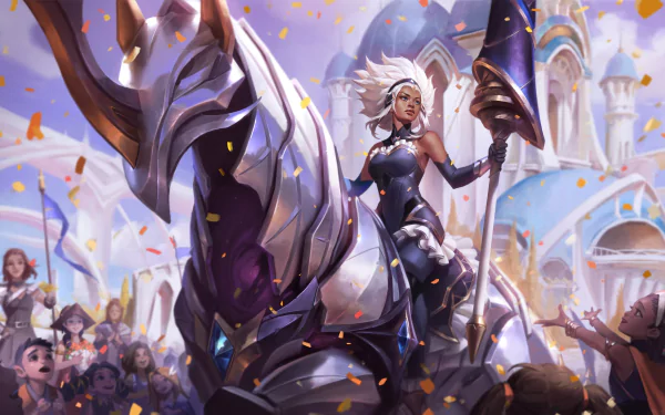 Rell from League of Legends stands confidently atop her armored steed amid a celebratory crowd in this vibrant 4K Ultra HD PC desktop wallpaper.