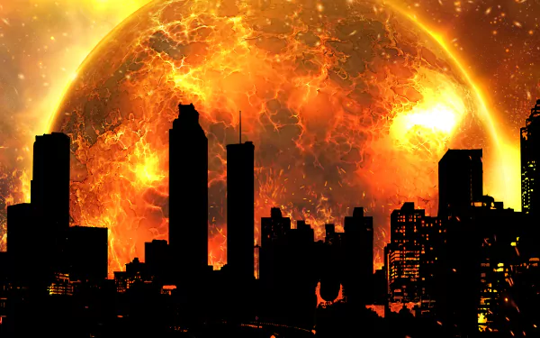A sci-fi city skyline in silhouette against an immense fiery sun, with glowing orange flames casting an intense, otherworldly light – rendered in 8K Ultra HD.