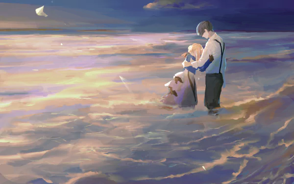 Anime-style 4K desktop wallpaper featuring Violet Evergarden with blonde hair and Gilbert Bougainvillea with black hair standing together in a calm, pastel-colored sea at sunset.