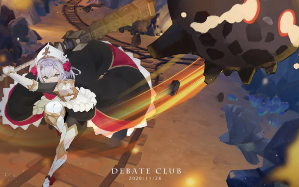 4K Ultra HD PC desktop wallpaper featuring Noelle from the video game Genshin Impact in dynamic action amid a rocky battlefield.